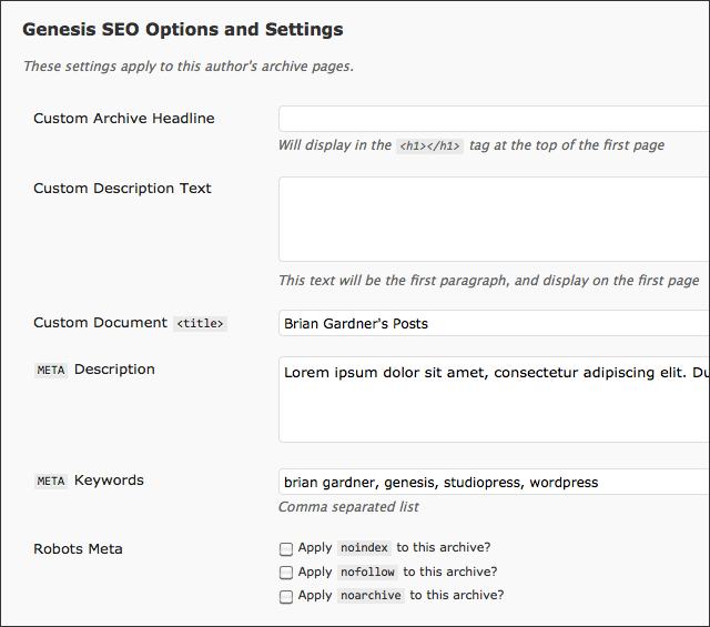 Genesis User SEO Settings